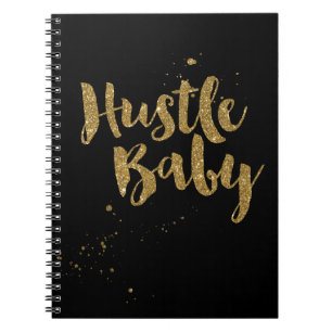 Hustle Baby Notebook, gold glitter brush script Notebook