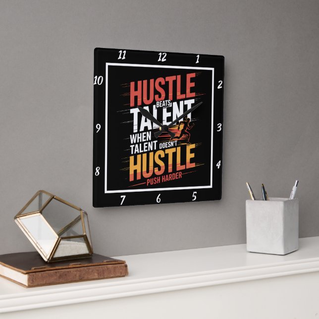 Hustle Beats Talent Runner Motivation Square Wall Clock (Office)