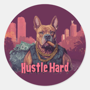 Hustle Hard -  Pitbull Dog with Money and Cigar Classic Round Sticker