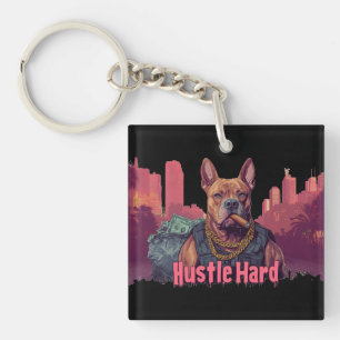 Hustle Hard - Pitbull Dog with Money and Cigar Key Ring