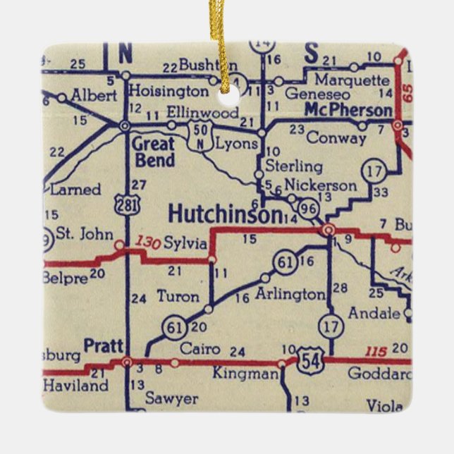 Hutchinson KS Vintage Map Ceramic Ornament (Front)