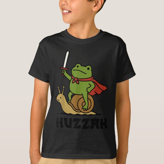 Huzzah Frog Knight Riding A Snail Funny Sword Meme T-Shirt (Front)