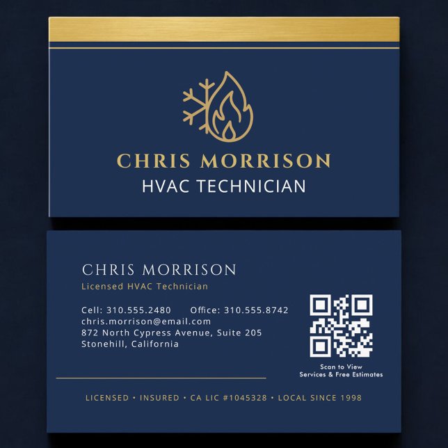 HVAC Company Navy Blue QR Code Business Card (Creator Uploaded)