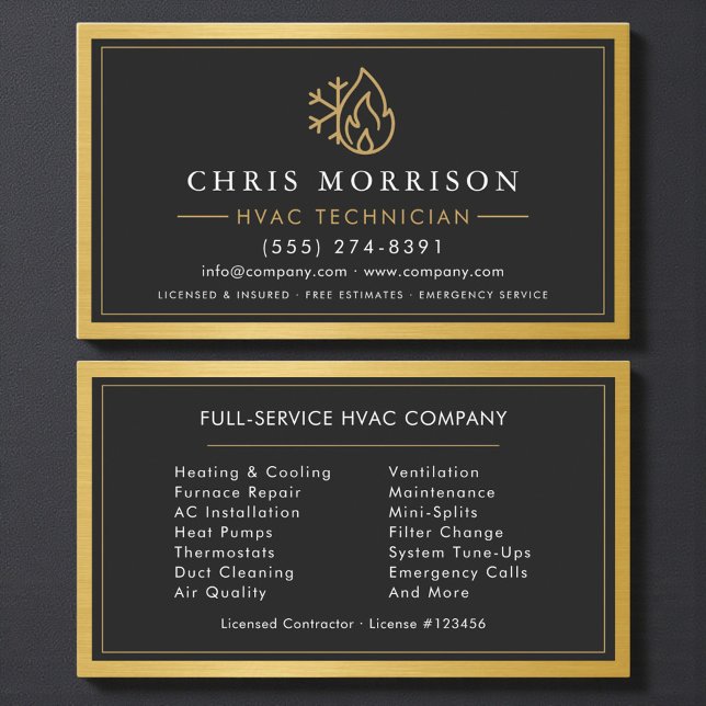 HVAC Heating Cooling Technician Gold Metallic Business Card (Creator Uploaded)