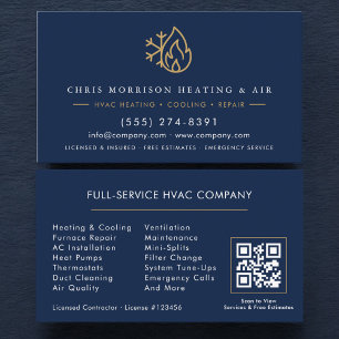 HVAC Services Company Navy Blue Gold QR Code Business Card