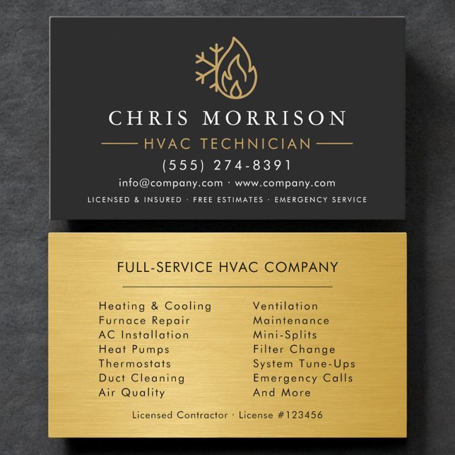 HVAC Technician Black Gold Logo Metallic Business Card (Creator Uploaded)