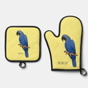 Hyacinth macaw bird cartoon illustration oven mitt & pot holder set