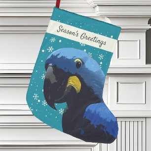 Hyacinth Macaw Pop Art Teal Snowflakes Vibrant Large Christmas Stocking