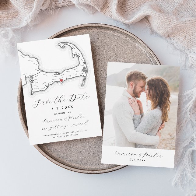 Hyannis MA Cape Cod Map Black and White Wedding Save The Date (Hyannis MA Cape Cod Map Save the Date with Photo in Elegant Modern Black and White )