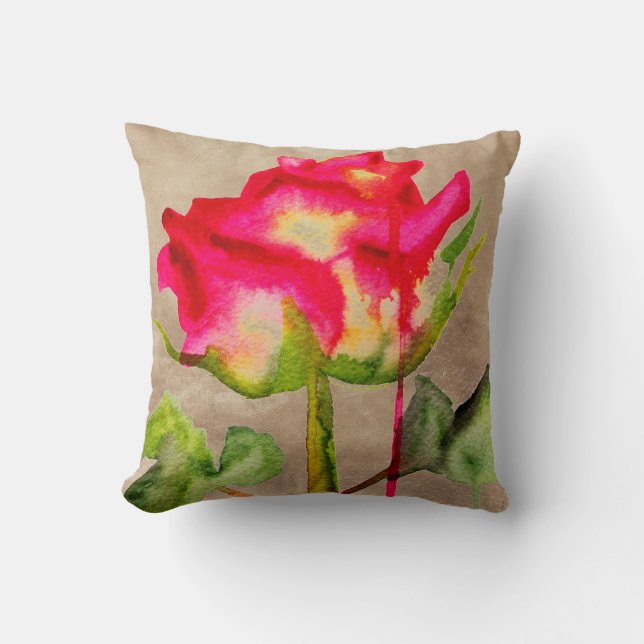 Hybrid Tea Rose grunge pop art watercolor flower Cushion (Front)