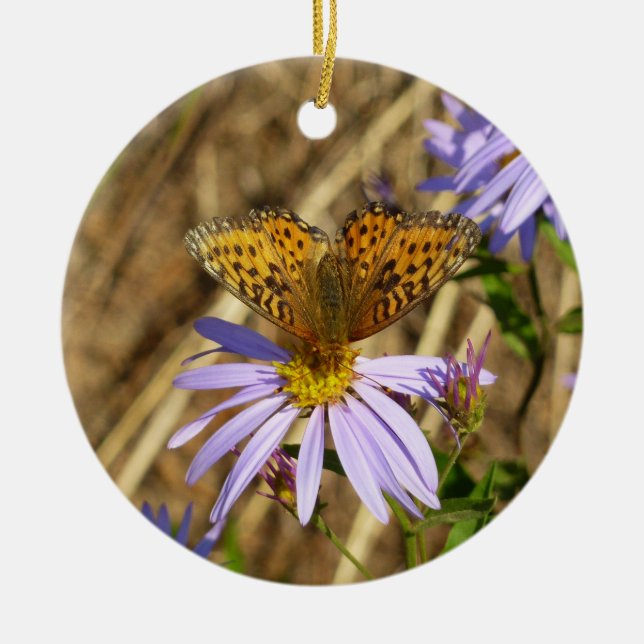 Hydaspe Fritillary on Purple Aster Flowers Ceramic Tree Decoration (Front)