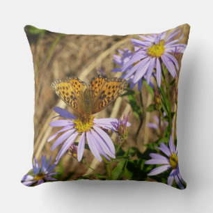 Hydaspe Fritillary on Purple Aster Flowers Cushion