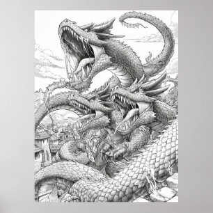 Hydra Coloring Book Page - Mythical Creature Illus Poster