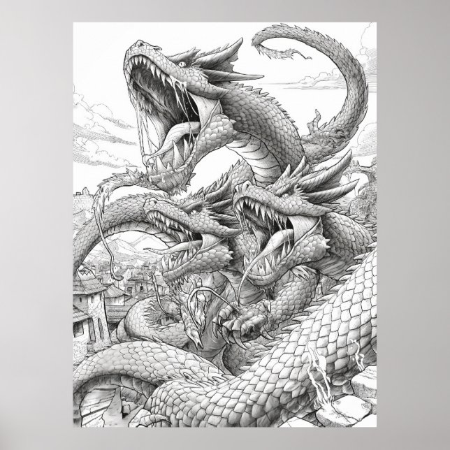 Hydra Colouring Book Page - Mythical Creature Illu Poster (Front)
