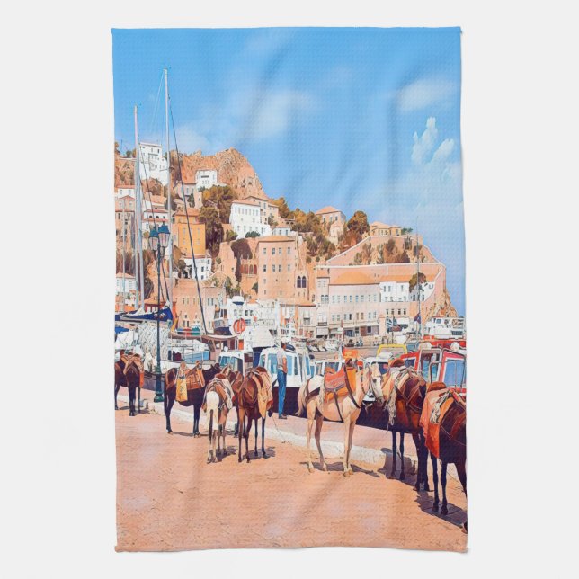 HYDRA - mules at the port Tea Towel (Vertical)