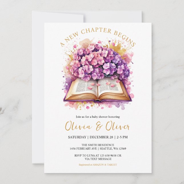 Hydrangea "A New Chapter Begins" Baby Shower Invitation (Front)