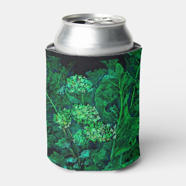 Hydrangea and Horseradish Floral Art Black & Green Can Cooler (Can Front)