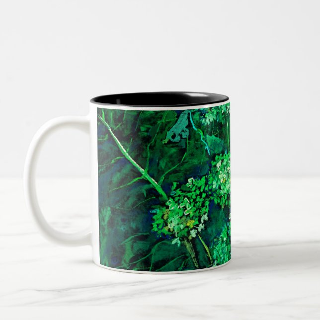 Hydrangea and Horseradish Floral Art Black & Green Two-Tone Coffee Mug (Left)