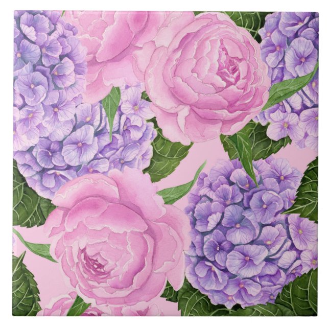 Hydrangea and peony pattern ceramic tile (Front)