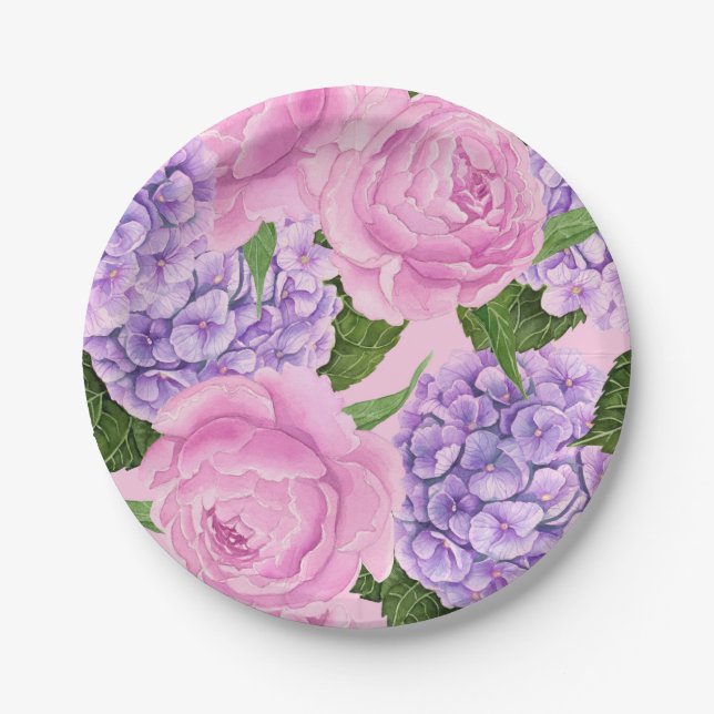 Hydrangea and peony pattern paper plate (Front)