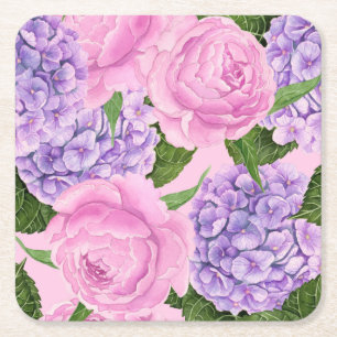 Hydrangea and peony pattern square paper coaster