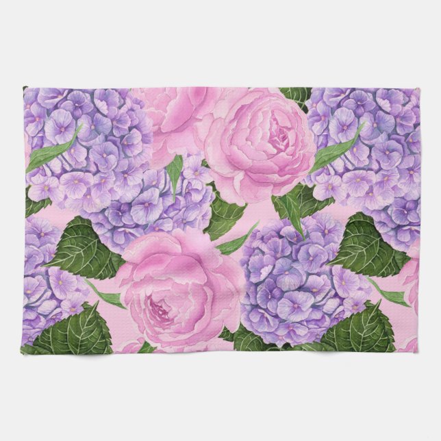 Hydrangea and peony pattern tea towel (Horizontal)