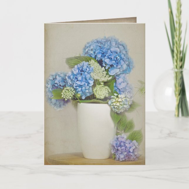 hydrangea and Queen Anne's Lace bouquet in vase Card (Front)