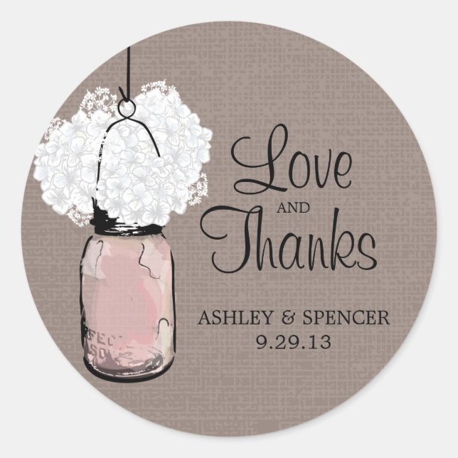 Hydrangea and Rustic Mason Jar Classic Round Sticker (Front)