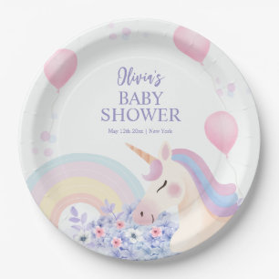 Hydrangea Balloon Rainbow Unicorn Baby Shower Paper Plate
