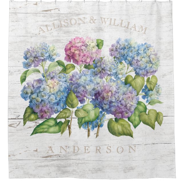 Hydrangea Blooms with Wood Add Names Shower Curtain (Front)