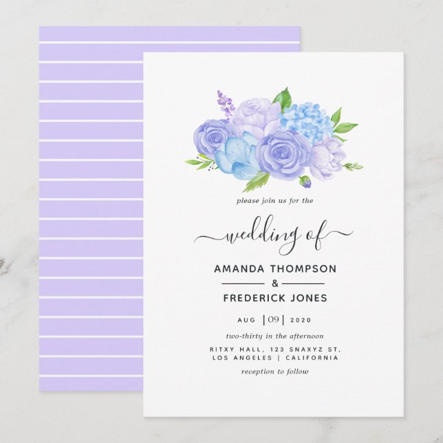 Hydrangea Blue and Light Lavender Wedding Invitation (Front/Back)
