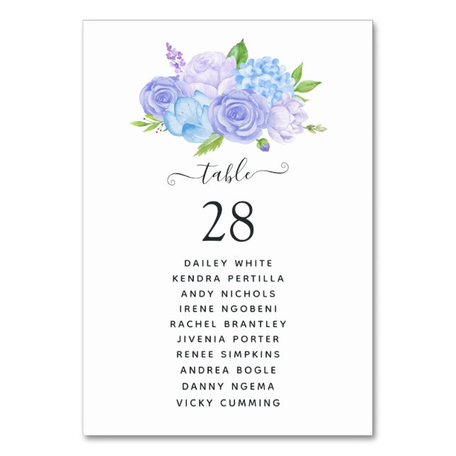 Hydrangea Blue and Light Lavender Wedding Table Number (Front)
