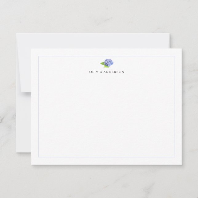 Hydrangea Blue Border Personalized Stationery Card (Front)