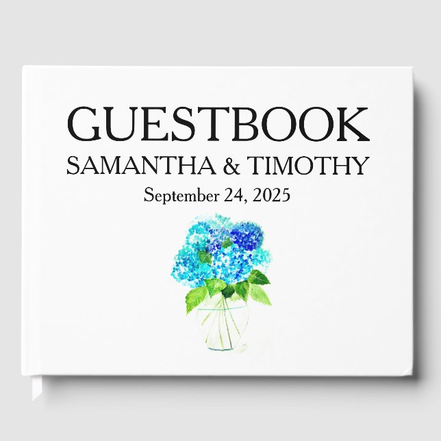 Hydrangea Blue Elegant Watercolor Floral Wedding Guest Book (Front)
