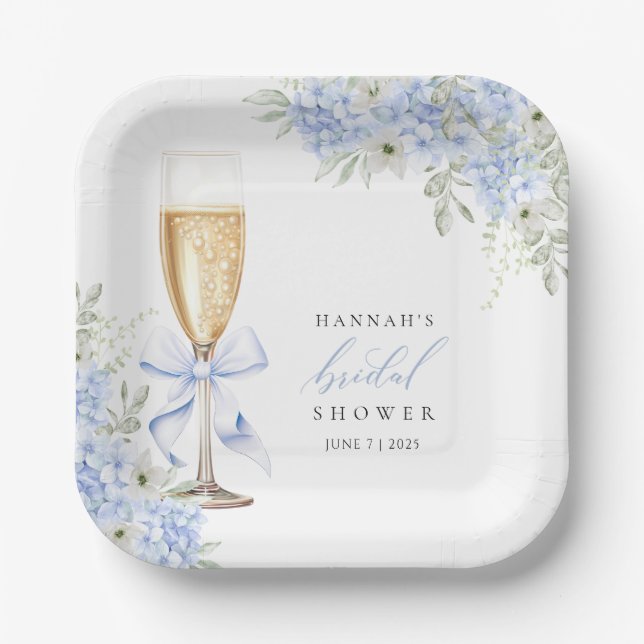 Hydrangea Blue Floral Bridal Shower Paper Plate (Front)