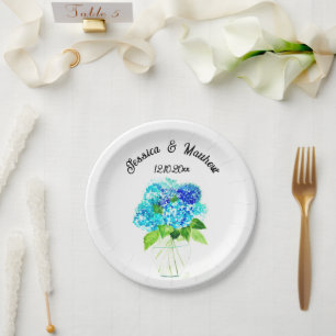 Hydrangea Blue floral Watercolor Weddings Paper Plate