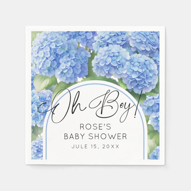 Hydrangea Blue Flowers Oh Boy Baby Shower Napkin (Front)