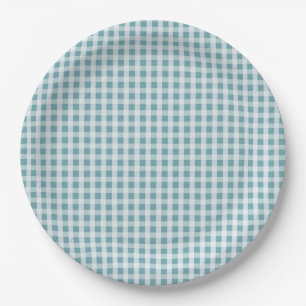 Hydrangea Blue Gingham Check Plaid Pattern Paper Plate