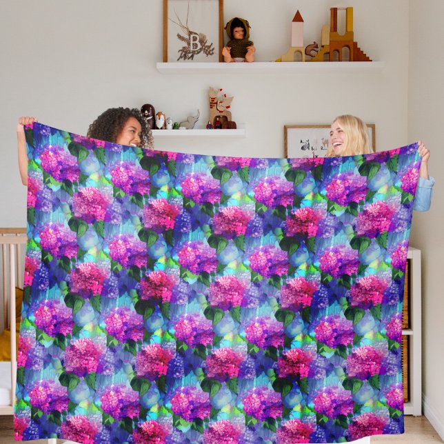 Hydrangea Blue Pink Floral Fleece Blanket (Creator Uploaded)