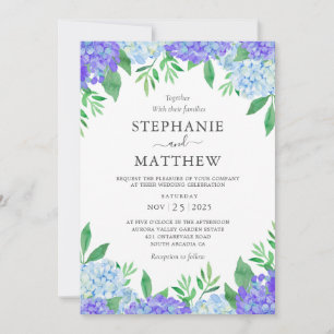 Hydrangea Blue Purple Watercolor Botanical Wedding Invitation