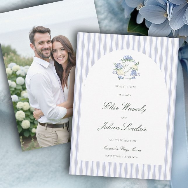 Hydrangea Blue Stripes Arch Coastal Photo Wedding Save The Date (hydrangea wedding save the date photo coastal cottagecore romantic garden formal elegant arch)