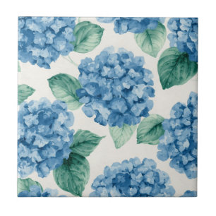 Hydrangea Blues Floral Watercolor Botanical Blooms Ceramic Tile
