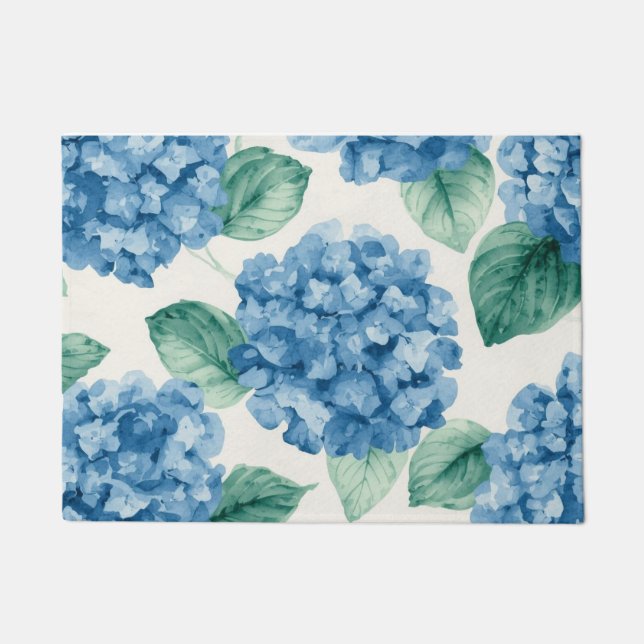 Hydrangea Blues Floral Watercolor Botanical Blooms Doormat (Front)