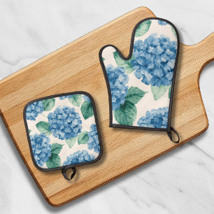 Hydrangea Blues Floral Watercolor Botanical Blooms Oven Mitt & Pot Holder Set