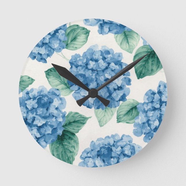 Hydrangea Blues Floral Watercolor Botanical Blooms Round Clock (Front)