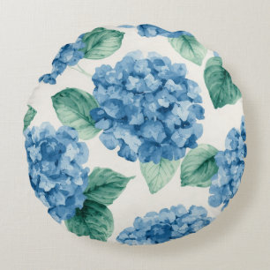 Hydrangea Blues Floral Watercolor Botanical Blooms Round Cushion