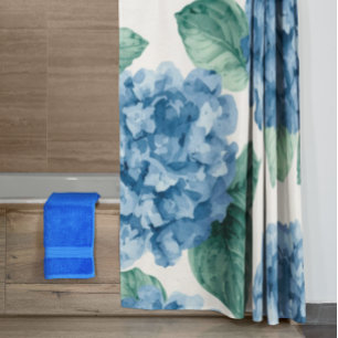 Hydrangea Blues Floral Watercolor Botanical Blooms Shower Curtain