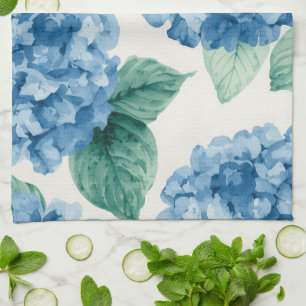 Hydrangea Blues Floral Watercolor Botanical Blooms Tea Towel
