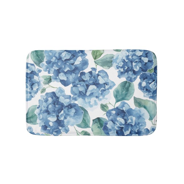 Hydrangea Blues | Watercolor Blooms Flower Pattern Bath Mat (Front)