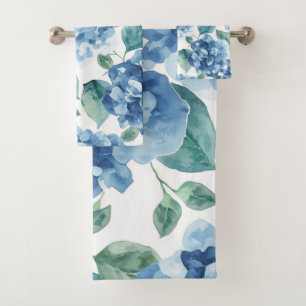 Hydrangea Blues   Watercolor Blooms Flower Pattern Bath Towel Set